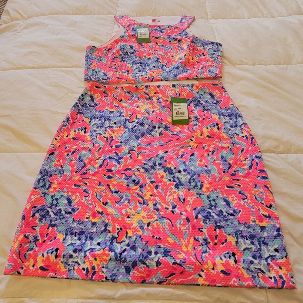 Lilly Pulitzer Mallike Crop Top and Skirt Set Multi Coco Coral Crab L